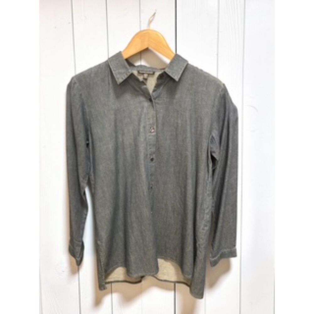 Eileen Fisher Lightweight Organic Cotton Denim Button-Front Shirt Gray/Blue - XS